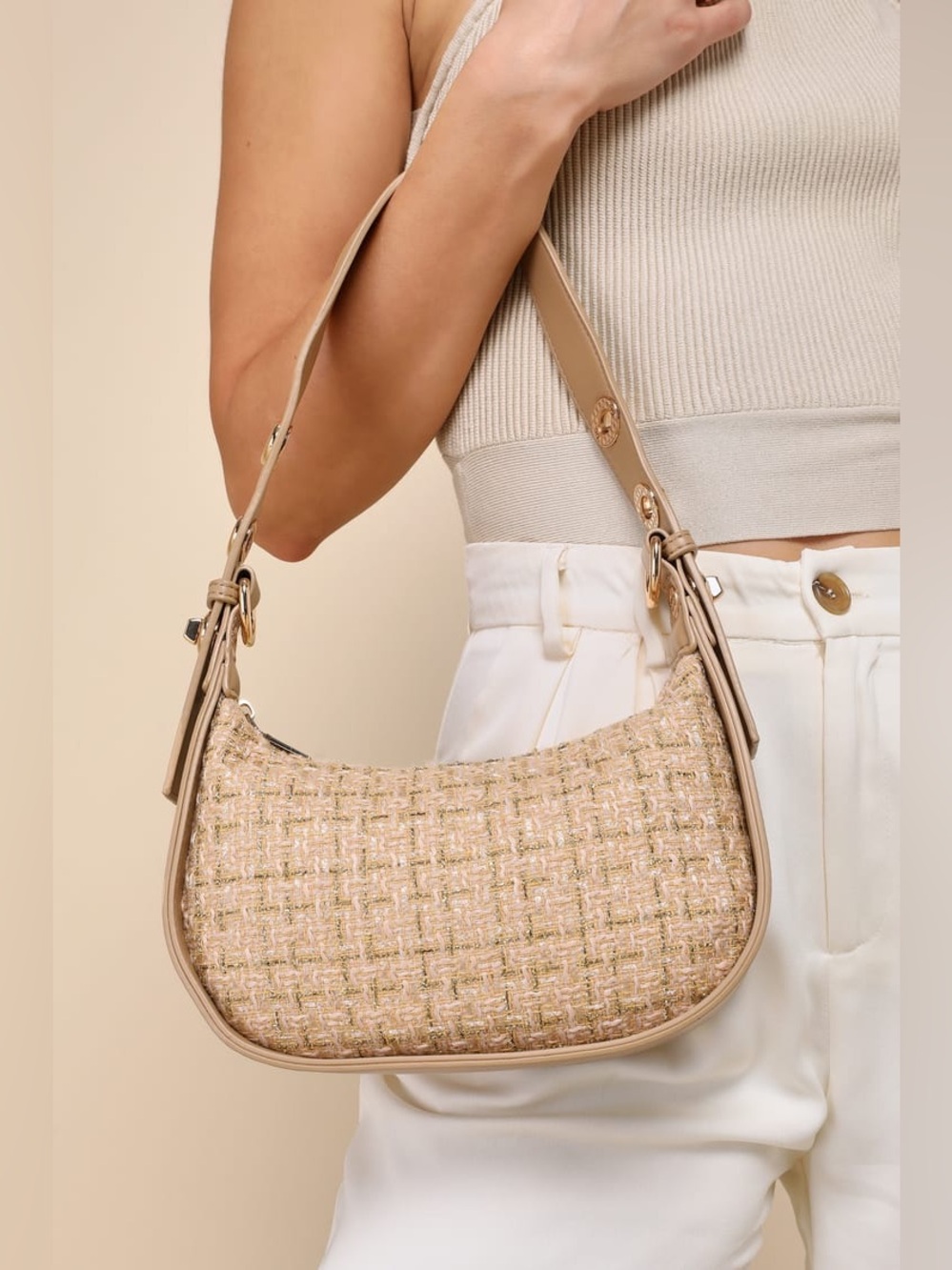 LULUS Distinctly Poised Beige Tweed Lurex Shoulder Bag